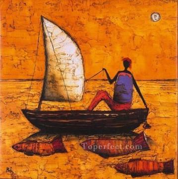 femme de pêche et poissons en Afriqueine jaune Peinture à l'huile